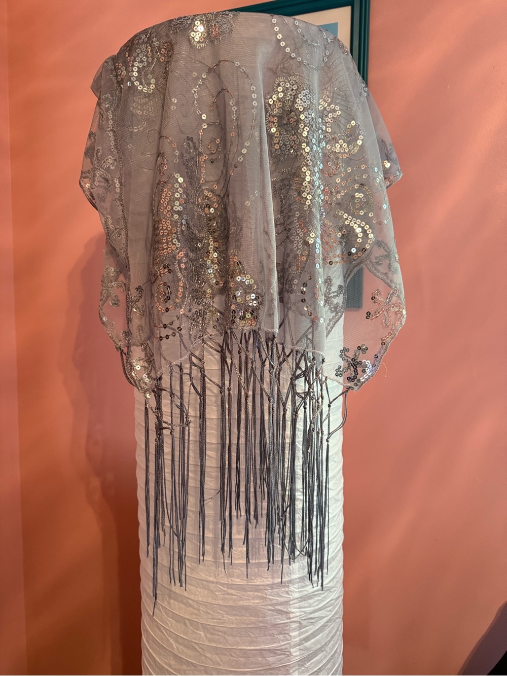 Silver Sequin Floral Fringe Scarf - Picture 3 of 5